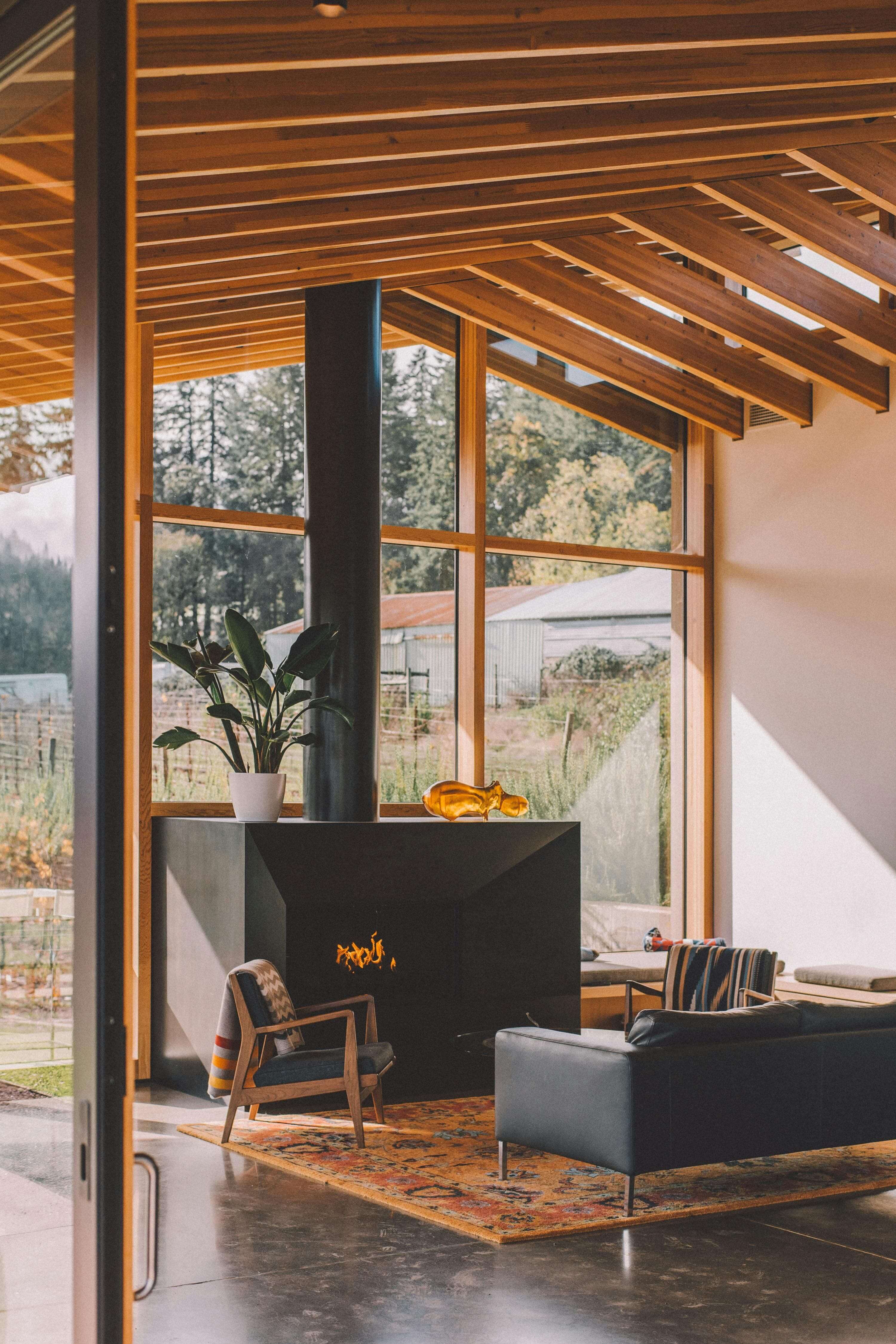 Cozy modern living room with a sleek fireplace, large windows, and stylish decor for budget-friendly inspiration.