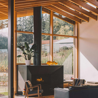 Cozy modern living room with a sleek fireplace, large windows, and stylish decor for budget-friendly inspiration.