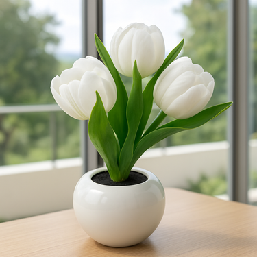 Artificial tulip flower pot lamp with warm glow